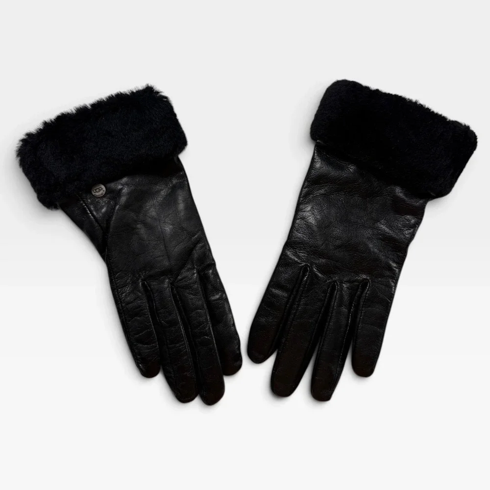 UGG Australia Black Leather Shearling Trim Tech Gloves Womens Medium